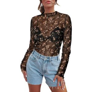 Women's Sheer Floral Long Sleeve Layering Top Ruffled Mock Neck Sheer Blouse for Casual Brunch Party Club Night Date Outfits (Medium, A Chocolate Brown)