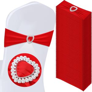 VitalCozy 50 Pcs Spandex Chair Sashes with Heart Shaped Buckle Slider Stretch Chair Cover Band Universal Elastic Chair Ties for Wedding Banquet Event Party Decoration(Red)