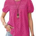 Falechay Cute Tops Womens Tunic Tops to Wear with Leggings Spring Shirts for Women Dressy Casual Lace Eyelet Crochet Crew Neck Short Sleeve Cute Blouses Boho Clothing Plus Size XL Hot Pink (Pink, XL)