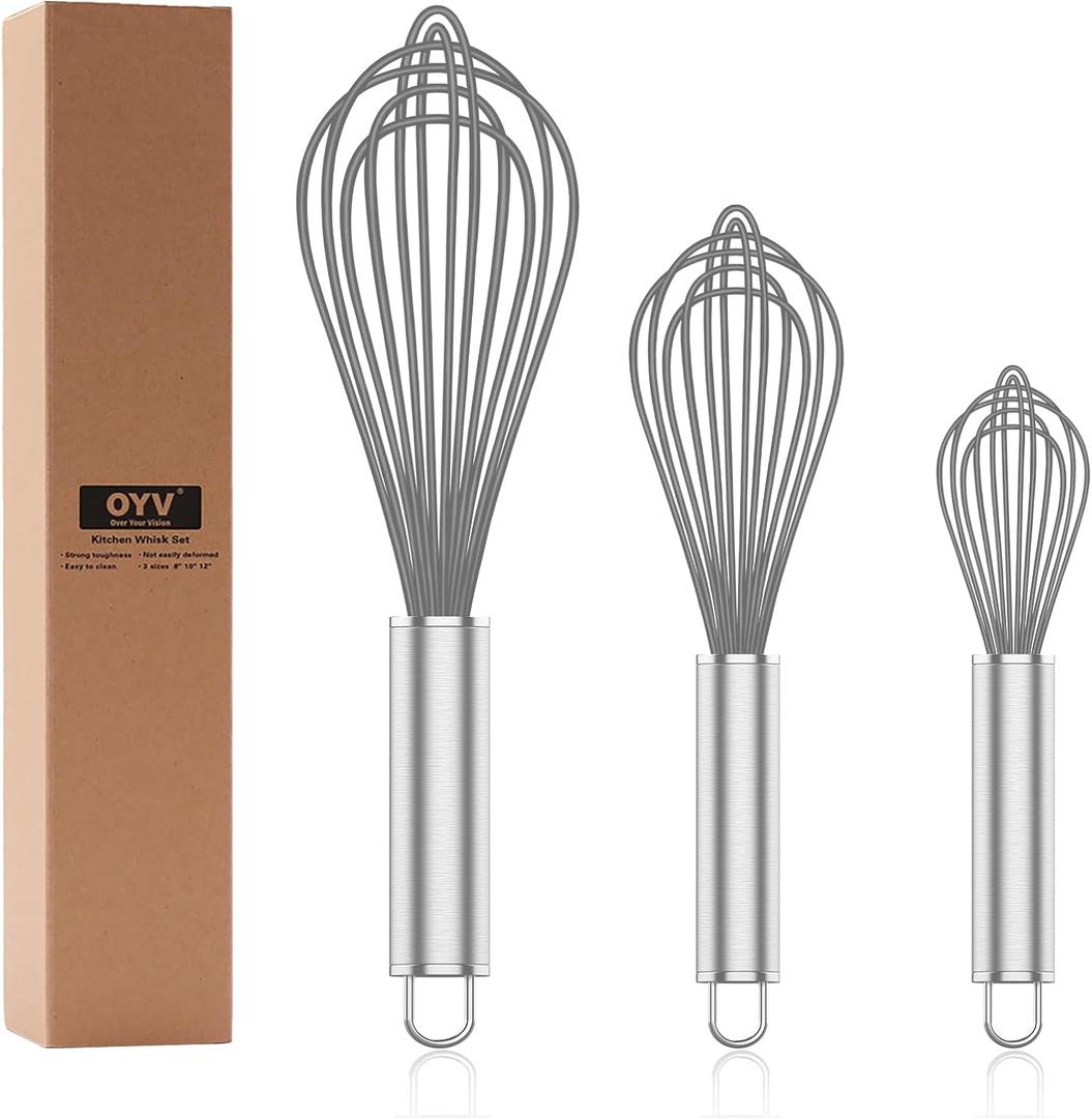 OYV Grey Silicone Whisk, Professional Whisks For Cooking Non-Scratch, Stainless Steel & Silicone Wisk, Plastic Rubber Whisk Tool For Nonstick Cookware Pans, Silicon Wisks Set of 1