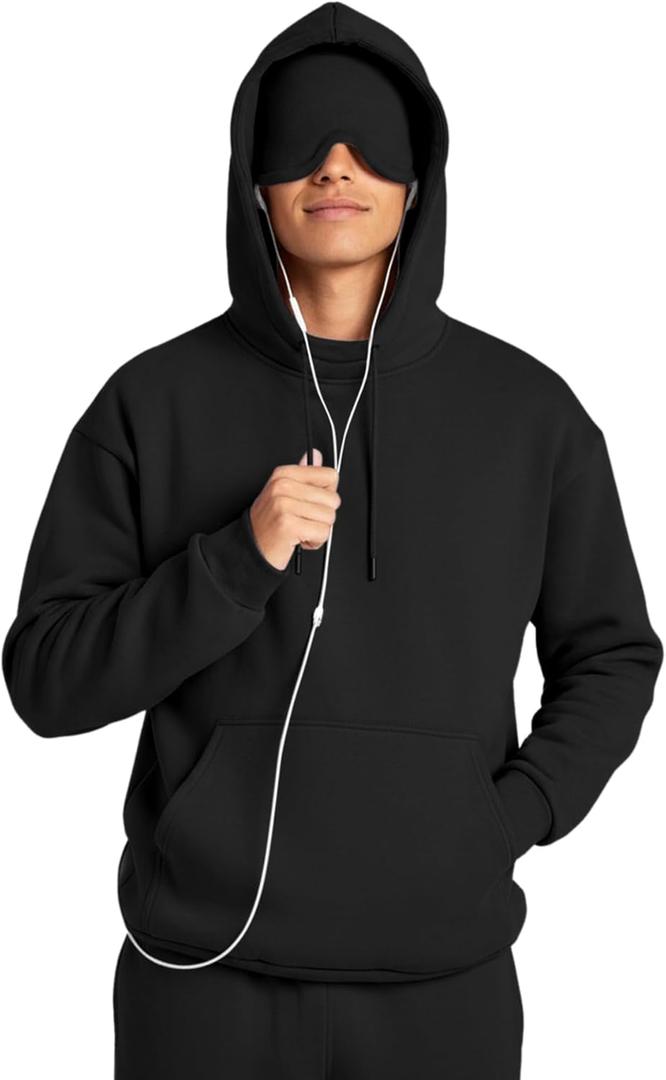Ainangua Mens Oversized Pullover Essentials Hoodie with Eye Mask Built In Comfor Airplane Mode Travel Sleep Wearable Blanket (Small, Black)