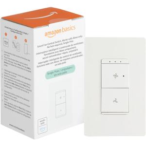Amazon Basics Smart Ceiling Fan Control Switch, 4-Speed, Single Pole, Voice Control, Works with Alexa Only, Control from Anywhere, 2.4 GHz Wi-Fi, No Hub Required, White