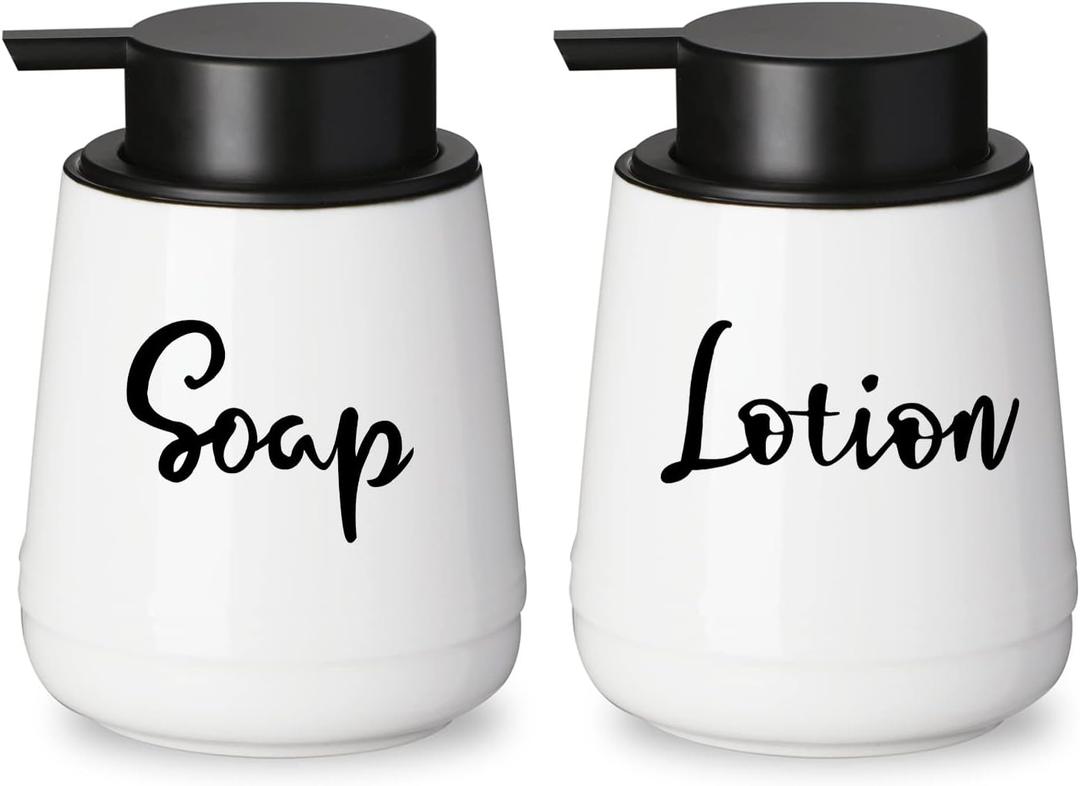 2 x LEETOYI Farmhouse Ceramic Soap and Lotion Dispenser Set with Pump 14oz for Bathroom (White)