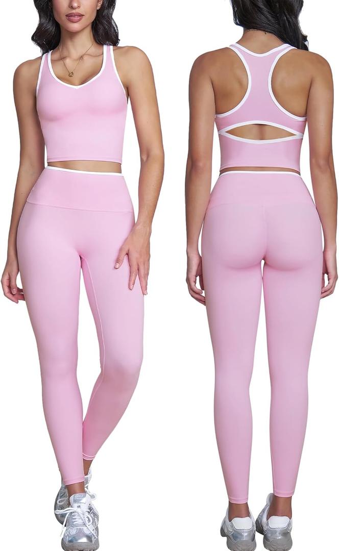 ABOCIW Womens Color Block Workout Sets Racerback Tank Top High Waist Leggings Gym Set Yoga Pilates Outfits, Pink, Size M