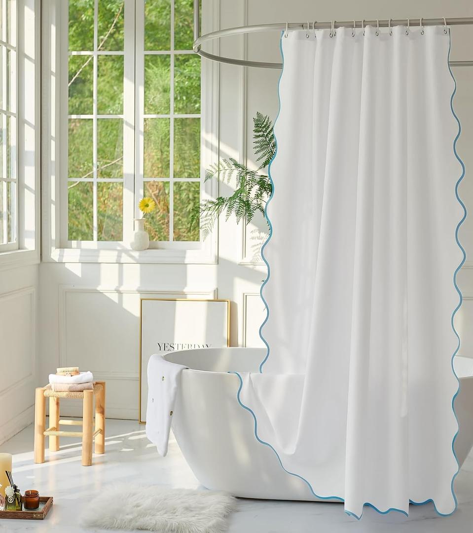 White Fabric with Aqua Scalloped Border Shower Curtain,Boho Chic Cloth Shower Curtain for Bathroom Showers,72 x 72 Inches