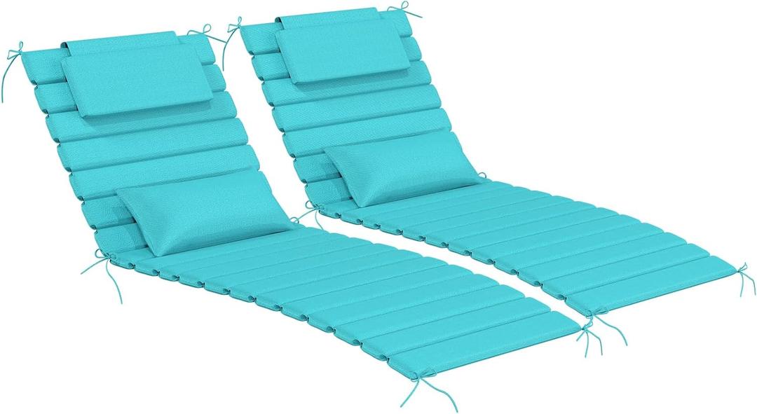 2 Sets of Outdoor Water-Resistant Olefin Chaise Lounge Cushions with Headrest and Pillow, Weather and Fade Resistant Foldable Quilted Lounge Chair Pads with Straps, Turquoise, 73" L x 22" W