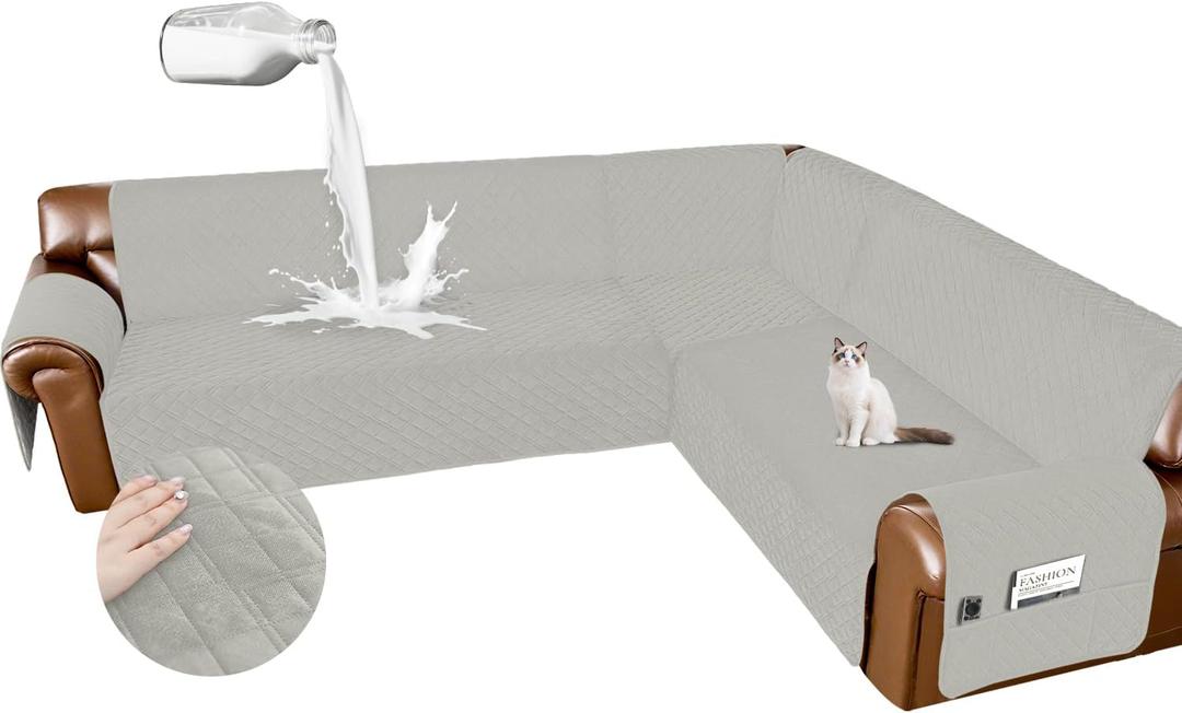 Arfntevss Waterproof Sectional Couch Covers L Shape Washable Velvet Sofa Cover for Sectional Non Slip Large Corner Slipcovers Dog 6 Pcs Universal U Shaped Furniture Protector (Light Gray, X-Large)