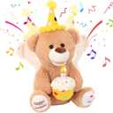 Hopearl Adorable Happy Birthday Teddy Bear with Glowing Cupcake Musical Stuffed Animal Bear Singing and Shaking Plush Toy Interactive Animated Kids Gifts, Brown, 15