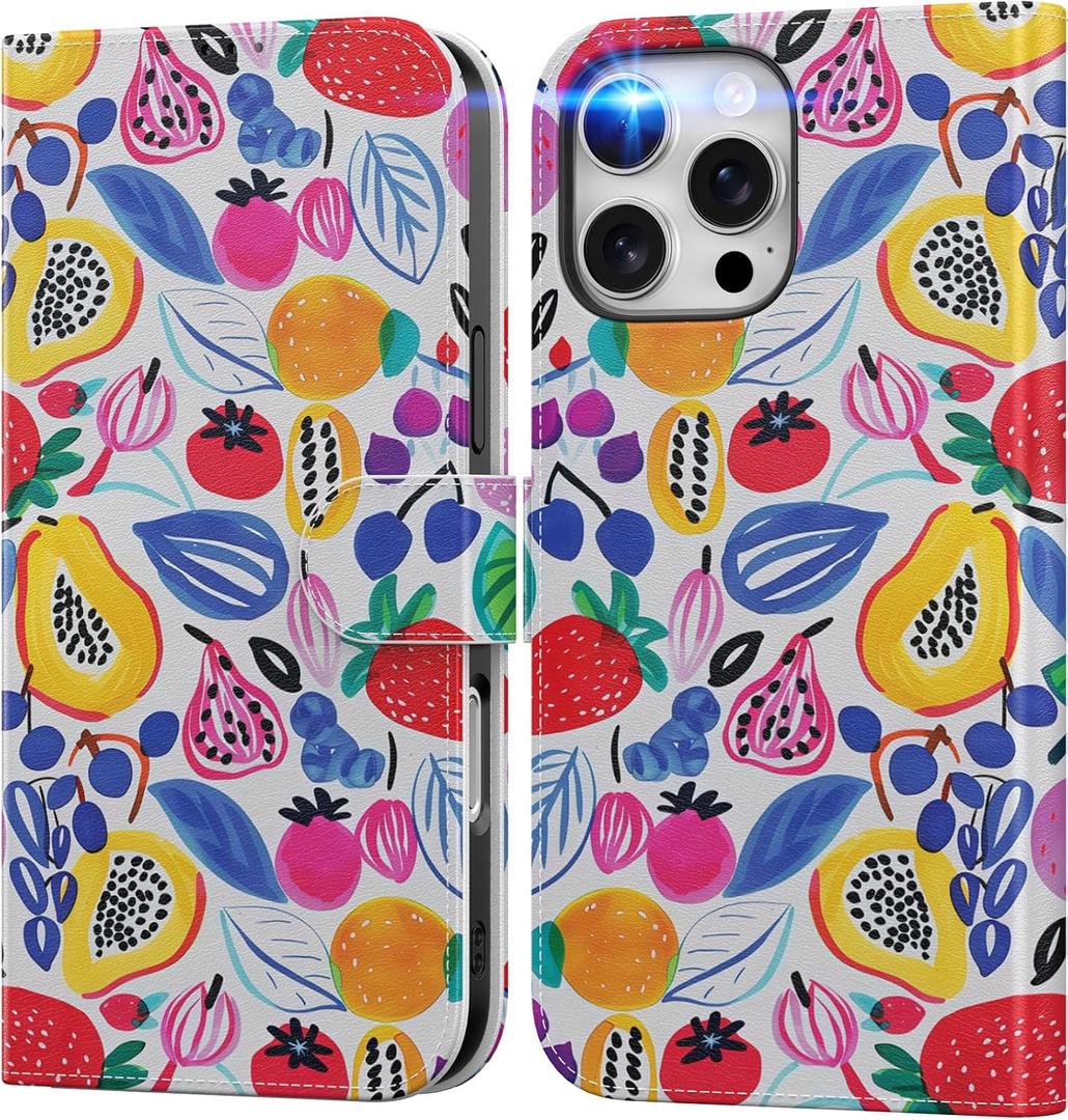 DEENAKIN for iPhone 16 Pro Max Wallet Case with Card Holder + Cash Clip, RFID-Blocking, Military-Grade Protection & UV-Printed Artwork, Magnetic Closure with Leather Kickstand - Playful Fruit Doodles