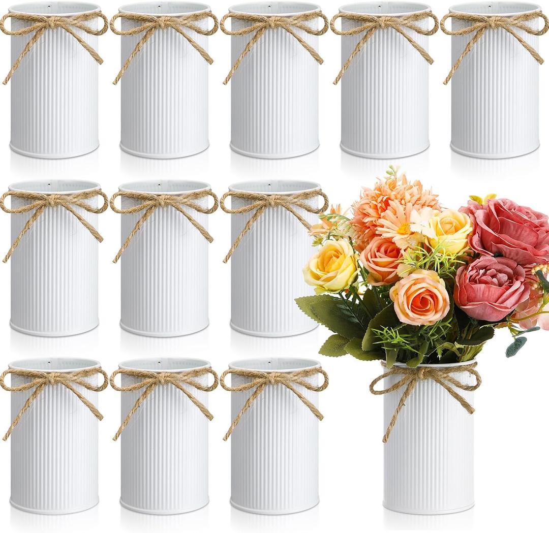 Rustic Vase for Table Centerpieces 4.33 Inch Small Petite Flower Vase with Twine Bow Vintage Farmhouse Decor for Wedding Reception Dining, Home Galvanized Metal Buckets(White,12 Pcs)
