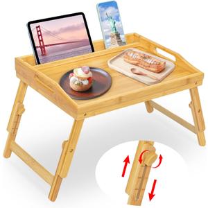 Bed Tray Table for Eating - Bamboo Breakfast Food Table with Phone Tablet Holder - Adjustable Height Serving Tray with Folding Legs on Lap Sofa - Portable Laptop Snack Platter for Bedroom Picnic (Natural)