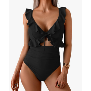 Eomenie One Piece Swimsuit for Women Tummy Control Ruffle Bathing Suit V Neck Ruched Swim Suit Slimming Cutout Swimwear, Large, Black 