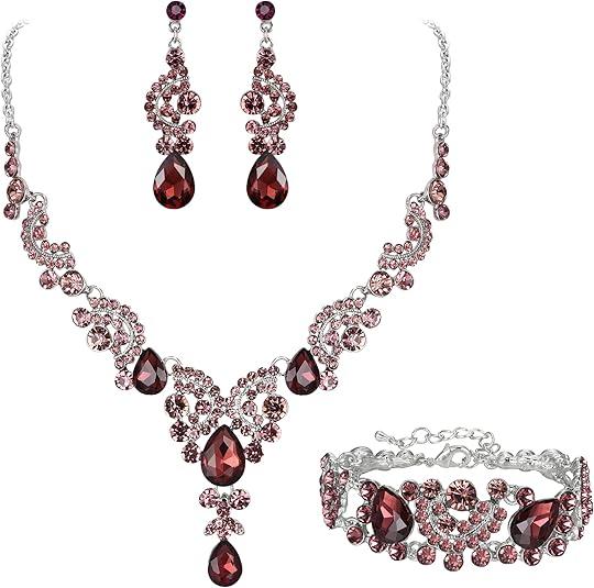 EVER FAITH Rhinestone Crystal Bridal Art Deco Floral Wave Teardrop Necklace Earrings Bracelet Jewelry Set (Purple Silver-Tone)