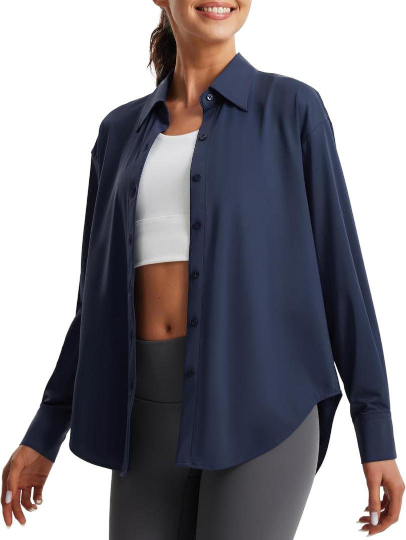 Libin Women's Sun Protection Shirts Long Sleeve UPF50+ Button Down Shirt Quick Dry Swim Beach Cover Up for Hiking Safari Navy 2XL