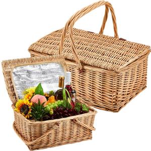 Sintuff 2 Pcs Wicker Picnic Basket with Insulated Cooler Bag Lids Vintage Picnic Hamper with Folding Woven Handle for Camping Summer Outdoor Beach Valentine Party Gift