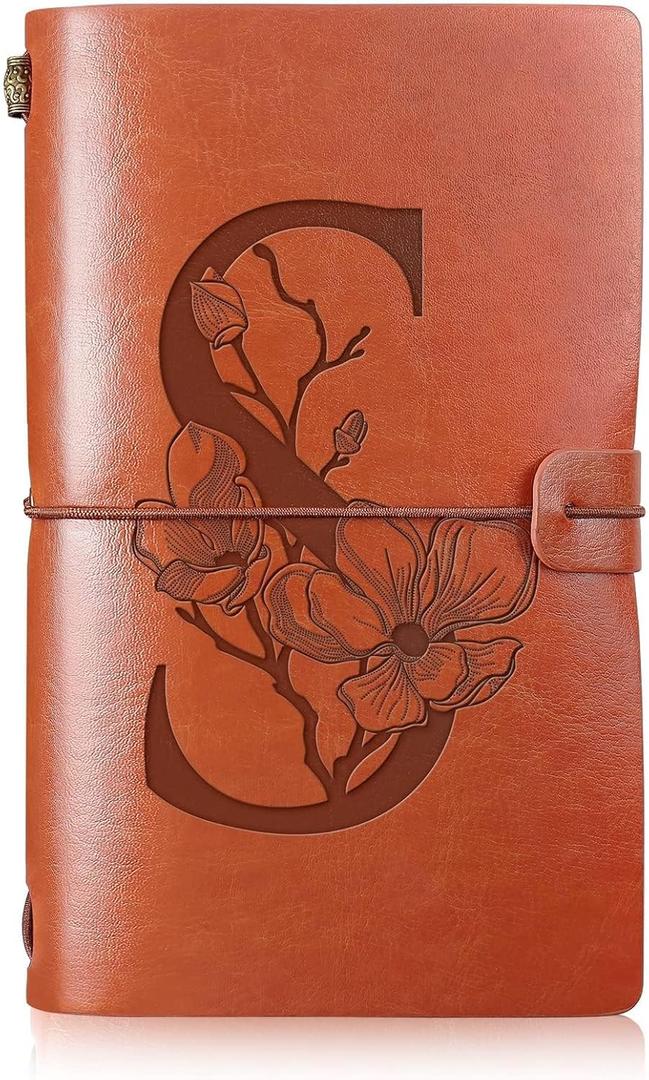 Booson Initial Leather Travel Journal Monogrammed Notebook Appreciation Gifts Refillable Personalized Diary Writing Notepad for Women Graduation Birthday Christmas (S)