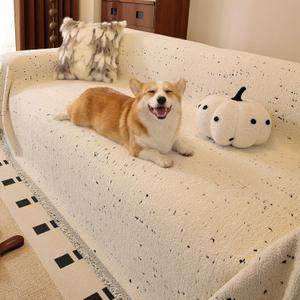 YDKGL Washable Couch Covers for Sofa, Couch Covers Blanket for Dogs, Non Slip Sofa Cover 2 Cushion Pet Furniture Protector with Tassels, Soft Fluffy Sofa Slipcover for Kids Dogs, Beige/White 71"x118"