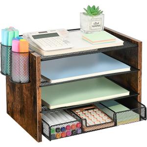 OPNCIE Desk Organizer and Accessories, 4-Tier Paper Letter Tray File Organizer with Drawer & 2 Pen Holder, Office Desk Accessories Workspace Desktop Organizer for Office Supplies(Brown) (13.2" x 9.8" x 9.8")