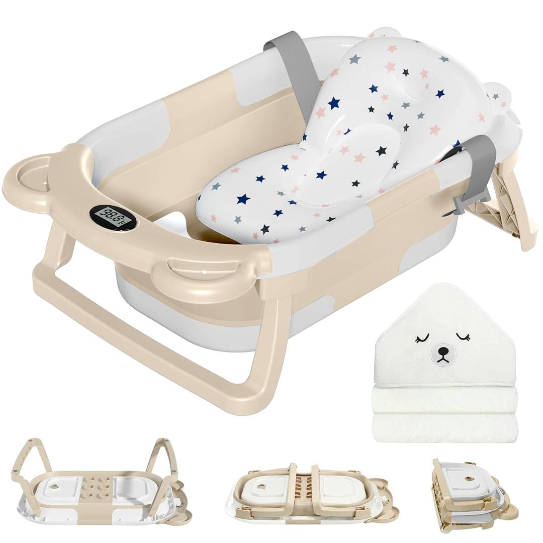 MoreFeel Collapsible Baby Bathtub for Newborn with Thermometer & 1 Hooded Towel & 1 Soft Floating Cushion,Portable Travel Bathtub with Drain Hole, Durable Foldable Baby Tubs for Infants to Toddler (Beige)