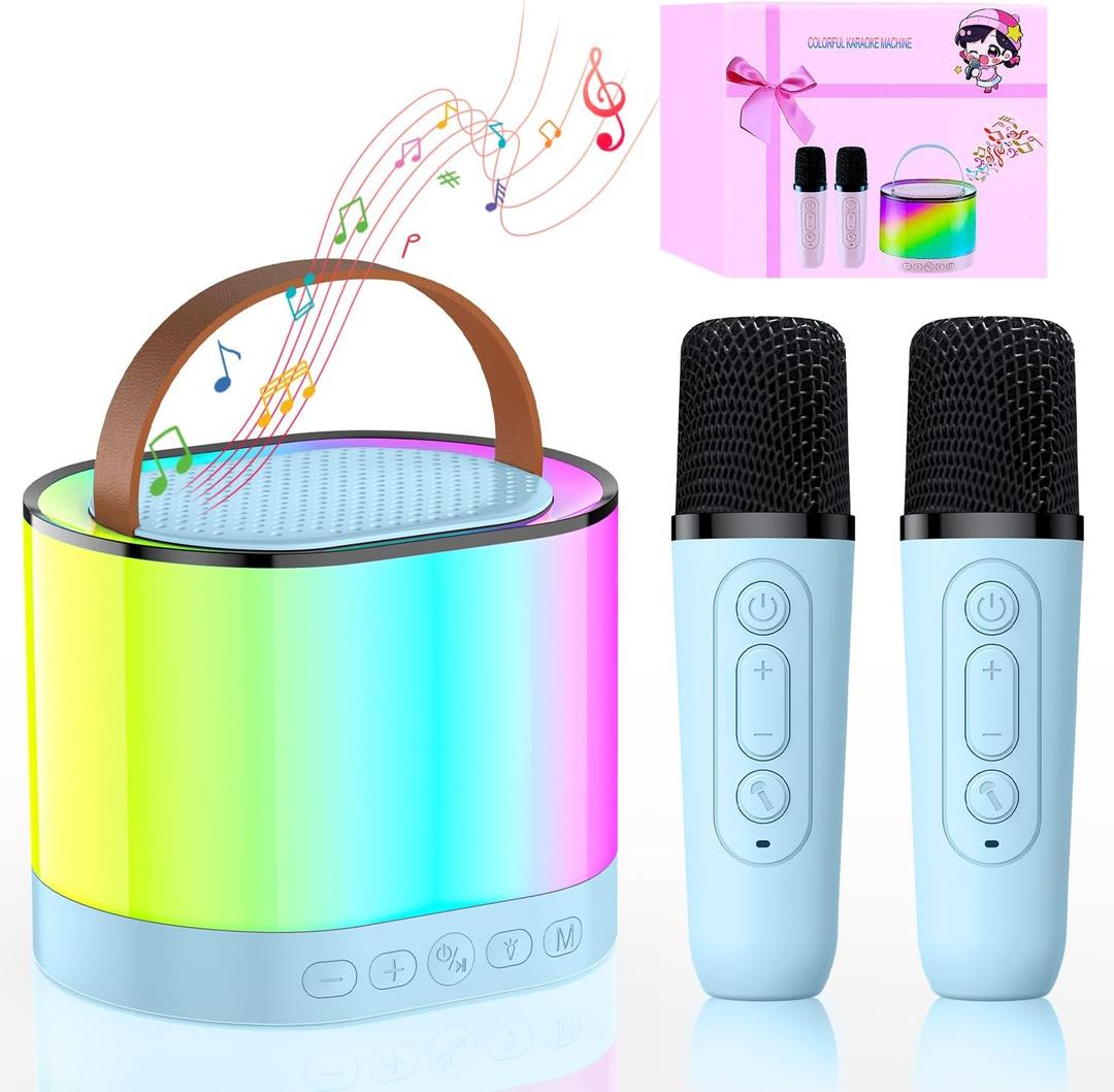 Mini Karaoke Machine for Kids, Toys for Ages 3-13+ Boys Girls, Toys Christmas Birthday Gifts for Boys, Portable Bluetooth Speaker with 2 Wireless Microphones Family Party (Blue 2 Mics)