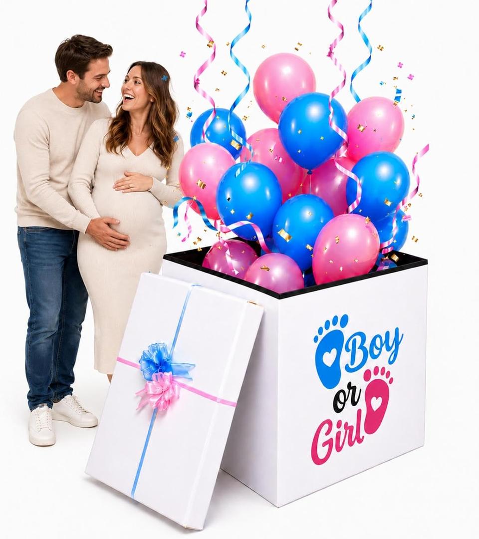 Thyle Upgrade 24" Large Reusable Gender Reveal Gift Box Kit (No Assembly), Foldable Pop up Baby Shower Balloon Box with Lid & Giant Bow, Durable High-density Mdf & Oxford Fabric, Keepsake Container, 1 count