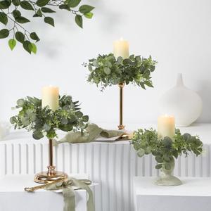 6 Pcs Artificial Eucalyptus Leaves Candle Rings Wreaths 9. 8 Inch Small Boho Greenery Wreath Pillar Candle Holder for Candleholders Kitchen Cabinet Wedding Home Door Table Decor