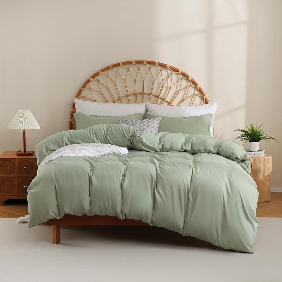 JSD Sage Green Duvet Cover Set Queen Size, 3 Piece Duvet Cover with Pillow Shams, Soft Brushed Microfiber Zipper Closure, Comforter Not Included