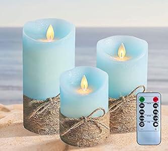Flameless Pillar Candles with Remote, Moving Flame with Blue Hue, Coastal Decorative Battery Operated Candle Set for Farmhouse Beach Fall Decor, Party Wedding Xmas Bathroom Decor