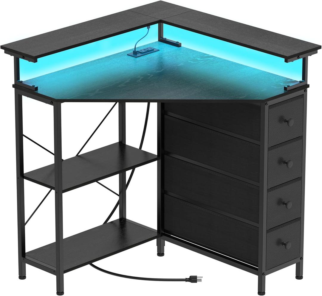 Corner Desk with Drawers Shelves for Small Space 90 Degrees Triangle Computer Desk with Power Outlets,Gaming Desk with LED Lights Monitor Stand for Home Office Workstation Writing Table (Black)