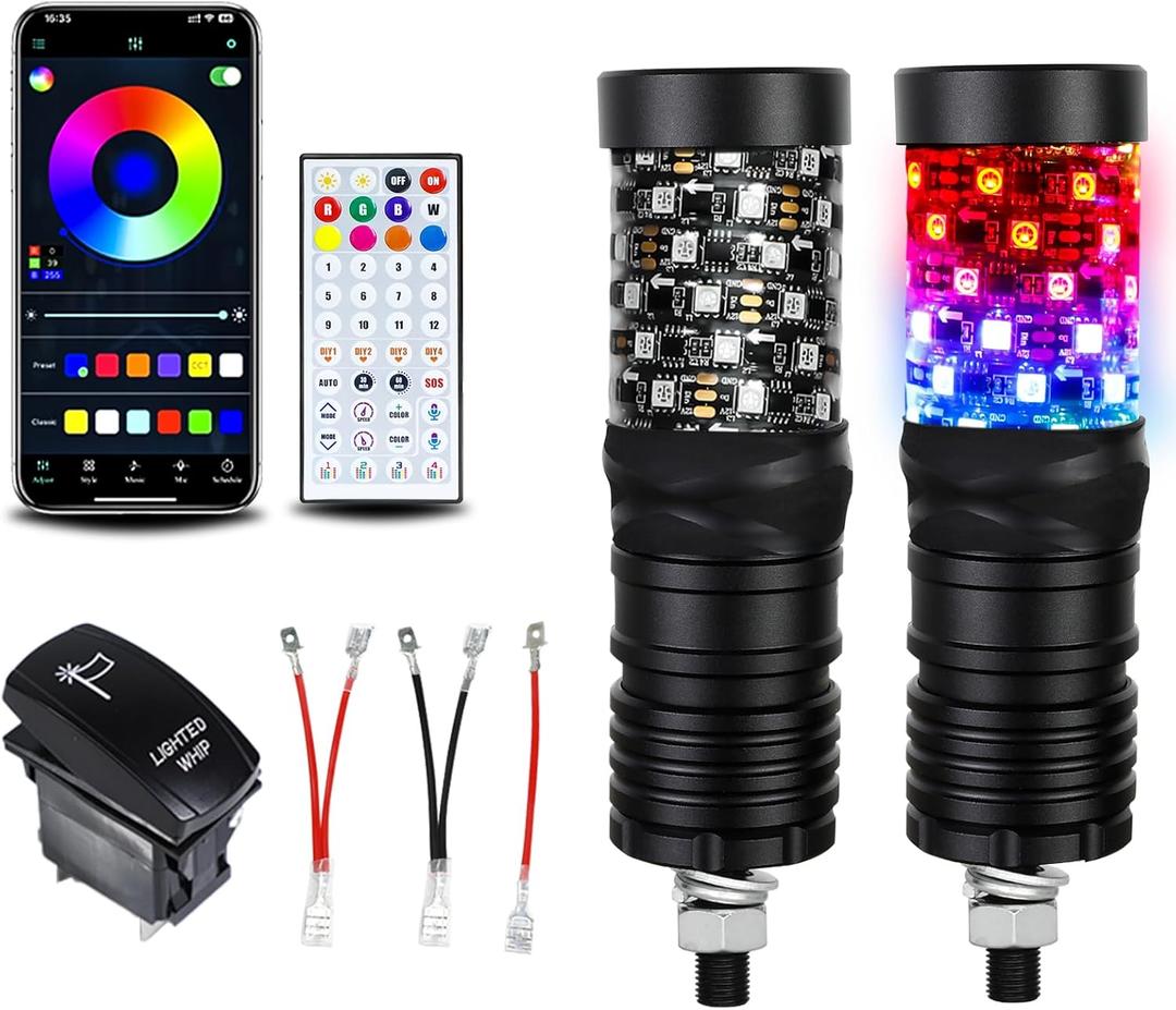 2 Pack 0.5FT Fat Whip Lights, LED Whips with App & Remote Control, Spiral RGB Chasing Lighted Whips with Rocker Switch, Whip Lights for Side by Side SXS UTV ATV RZRCan-Am X3 Off-Road