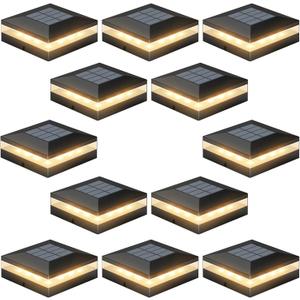 Viewsun 12 Pack Solar Post Cap Lights, 3 Color Modes Fence Post Solar Outdoor with 72 LEDs, IP65 Waterproof Deck Lights Decorating for Fence, Deck, Garden, Fit 4x4 Wooden/Vinyl Posts (Black)