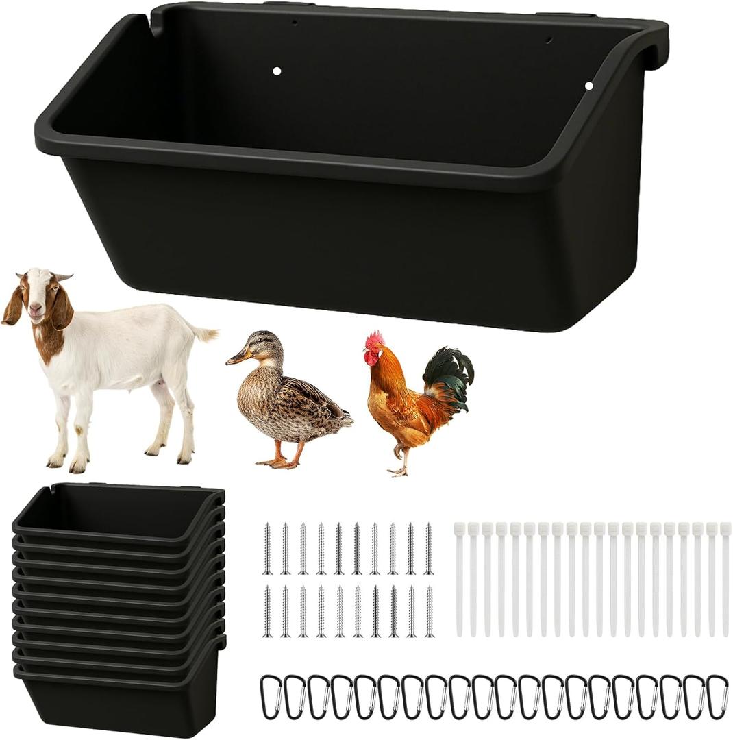10 Pack Hanging Goat Feeder & Duck Feed Trough, 5 Qt Fence Mounted Livestock Manger  Heavy Duty Plastic Mineral Bucket & Waterer for Sheep, Piglets, Deer & Poultry.