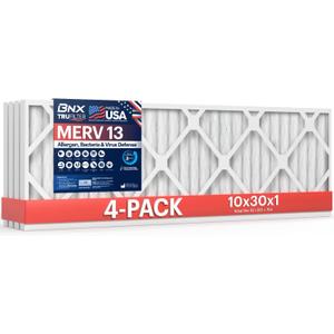 BNX TruFilter 10x30x1 Air Filter MERV 13 (4-Pack) - MADE IN USA - Electrostatic Pleated Air Conditioner HVAC AC Furnace Filters for Allergies, Pollen, Mold, Bacteria, Smoke, Allergen, MPR 1900 FPR 10