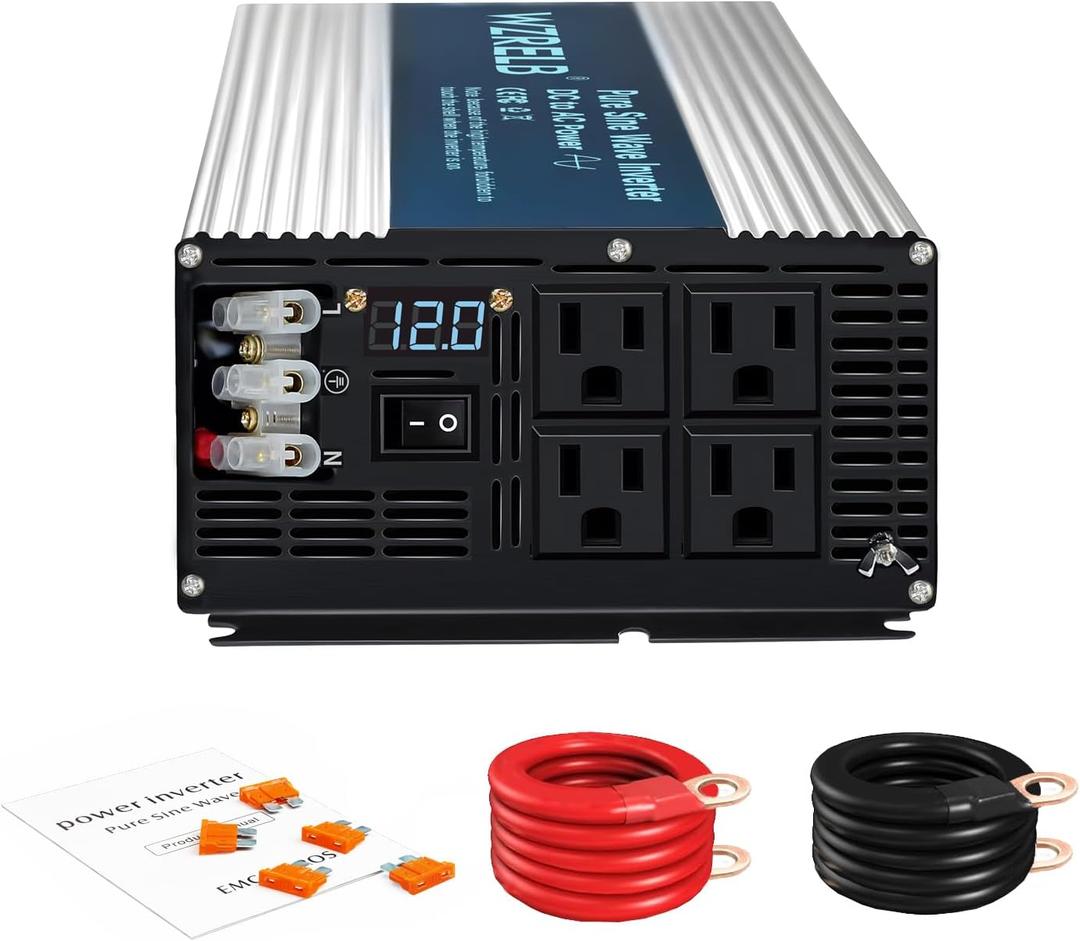 WZRELB 5000W Pure Sine Wave Inverter 12V DC to 110V 120V AC Power Converter with LED Display, Hardwire Terminal,Off-Grid Portable Power Inverter with 4 AC Outlets for Home, RV, Truck, Camping