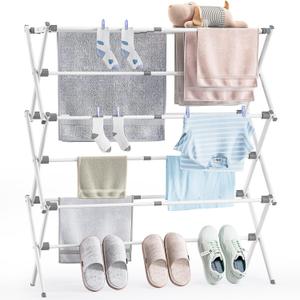 APEXCHASER Clothes Drying Rack, Foldable & Extendable Laundry Rack with Adjustable Size (14.57in-35.43inW), Space-Saving, Rust-Resistant Frame & Floor Protection for Indoor/Outdoor Use, White