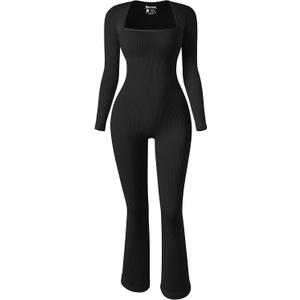 OQQ Long Sleeve Jumpsuits for Women Ribbed Long Sleeve Yoga Bell Bottoms Flare Jumpsuits (Medium, Black)