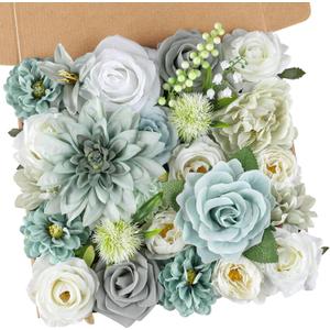 AmyHomie Teal Blue Artificial Flowers Combo Silk Mix Peony Rose Fake Flowers w/Stem for DIY Wedding Bouquets Centerpieces Arrangements Table Fall Decor Party Bridal Baby Shower Home Decorations