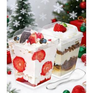 OTOB 150 Pack 5.4 oz Dessert Cups with Lids and Spoons | Serves 50 | Small Square Plastic Cake Pudding Cups, Mini Party Serving Cups for Parfait, Yogurt, Appetizers, Mousse, Dessert Shot Glasses Bowl