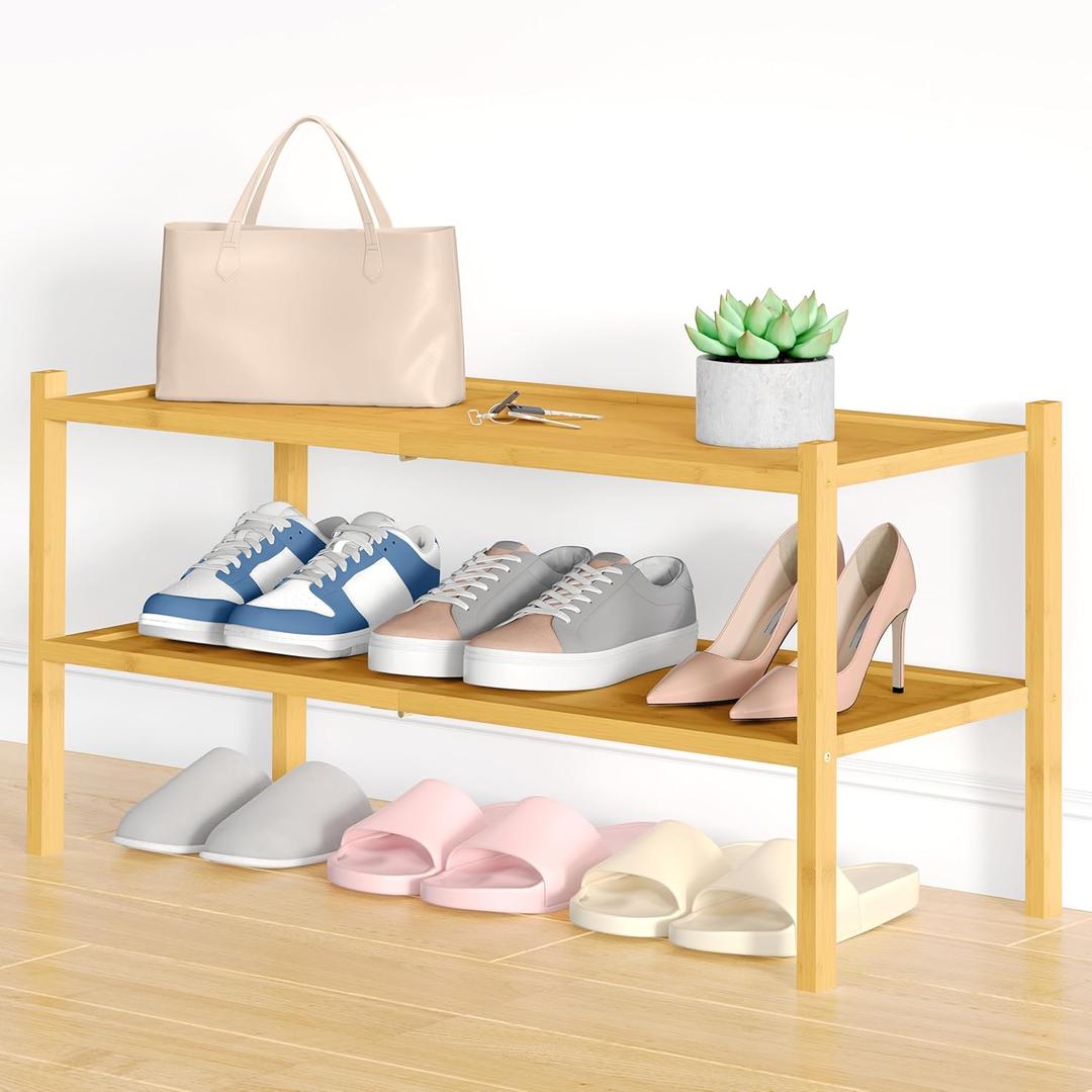 Smiry Bamboo Shoe Rack, 2 Tier Shoe Organizer for Entryway & Closet, Stackable Free Standing Storage Shelf for Shoes, Bags & Plants, Natural