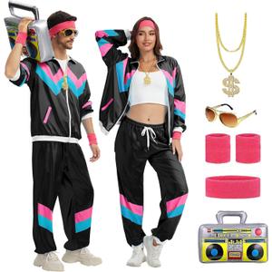 80s Tracksuit for Men Women,80s 90s Outfits Fashion Retro Tracksuit for Halloween Carnival Party (X-Small, Black)