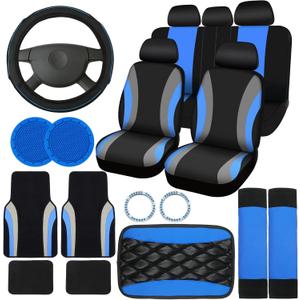 Fabbay 21 Pcs Car Seat Covers Full Set Car Floor Mats Steering Wheel Cover Armrest Seat Belt Pad Seatbelt Cup Mats Emblem Ring Sticker for Sedans Trucks SUV(Black, Blue)