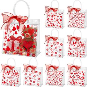 Amylove 24 Pcs Valentines Gift Bags Bulk Valentines Day Clear Gift Bags Bulk Valentine Clear PVC Goodie Bag with Handles Galentines Day Party Favors (Stylish,Red)