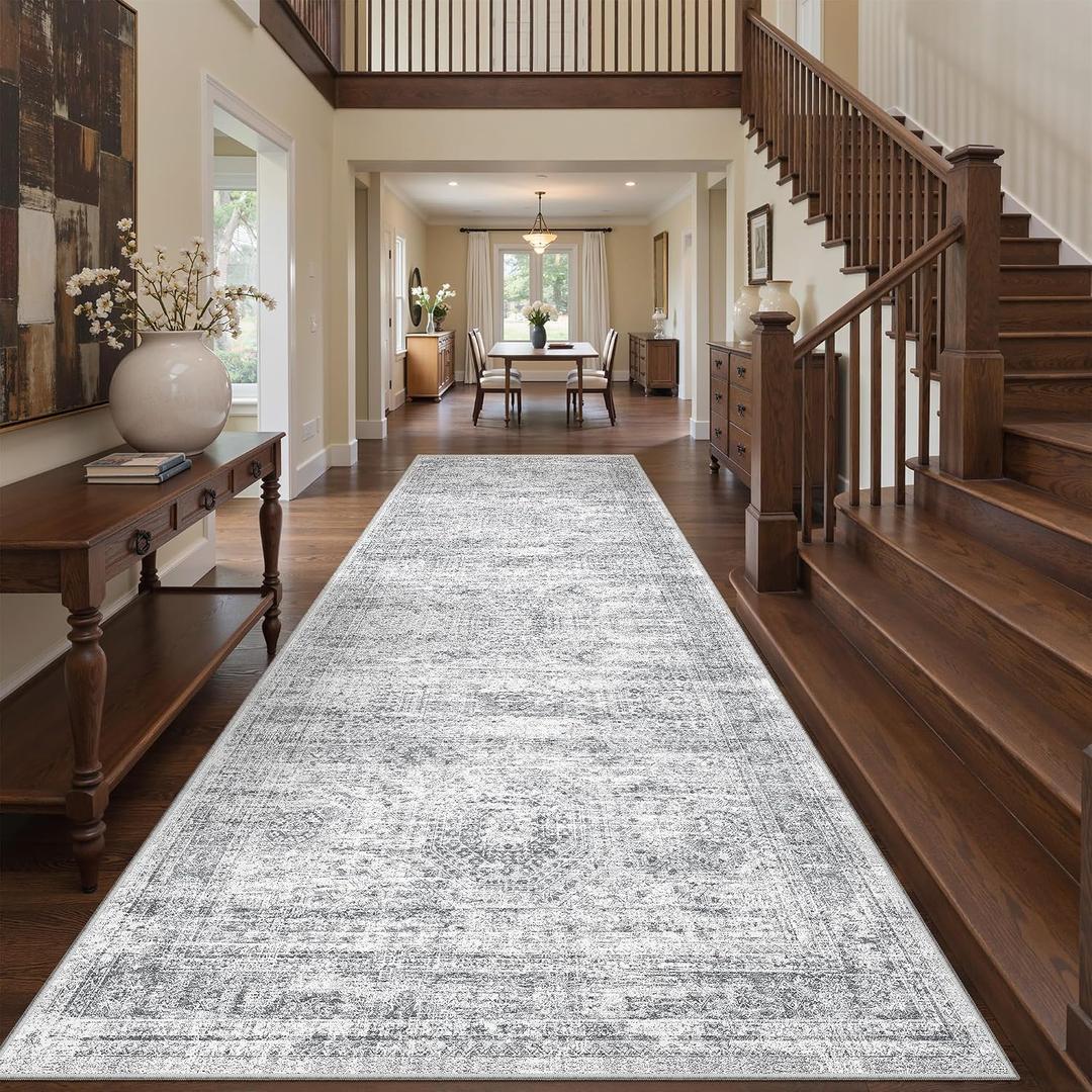 4x12 Runner Rug for Hallway, Low-Pile Wide Runner for Entryway, Long Washable Non-Slip Kitchen Rug, Soft Modern Home Decor Mat for Living, Laundry Room(4'x12', Grey/Ivory)