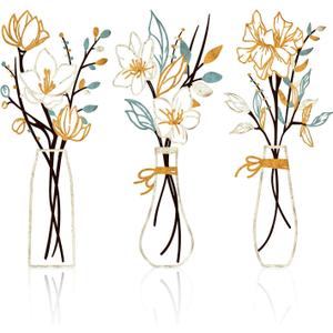 Zzbakress 3 Pcs Metal Flowers Wall Arts Rustic Farmhouse Decor Bathroom Wall Decor Dining Room Wall Decor Minimalist Decor Housewarming Gifts(Multicolored) (Beige Gold)