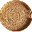 16.9" Round Rattan Tray, Hand Woven Serving Tray with Handles, Wicker Serving Basket, Decorative Tray for Home Decor, Natural
