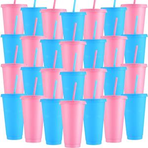 Honeydak 30 Pack Tumbler with Straw and Lid Bulk Cups for Gifts Water Bottle Iced Coffee Travel Mug Cup Reusable Plastic Tumblers for Party Birthdays 24-27 oz (Pink and Blue Color)