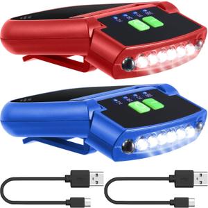 Mudder LED Clip on Cap Lights USB Rechargeable Cap Flashlight Clip Waterproof Ultra Bright Hat Flashlight Headlamp for Fishing Camping Hand Work (Blue, Red)