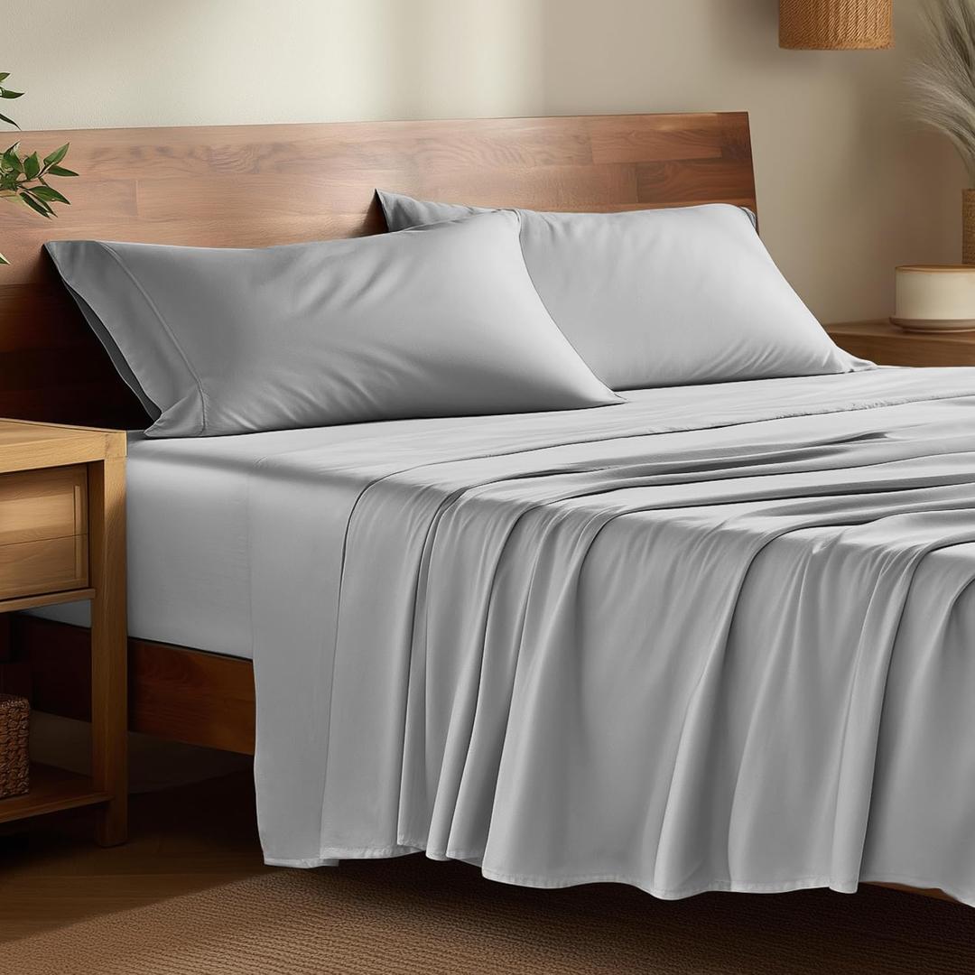 Bare Home 100% Rayon Made from Bamboo Queen Sheet Set - 4 Piece Bedding Set - Deep Pockets - Breathable - Easy Fit - Bedding Sheets & Pillowcases (Queen, Cloud Grey)