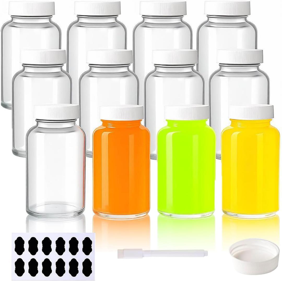 12 Pack 4 oz Glass Juice Shot Bottles with Caps, 120 ml Empty Wellness Shot Bottle, Reusable Clear Glass Bottles with Lids for Juice, Ginger Shots and Homemade Beverages