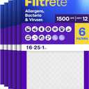Filtrete 16x25x1 Air Filter, MERV 12, MPR 1500, Allergens, Bacteria & Viruses, 3-Month AC and Furnace Filters, Cleaner Air, Reliable Airflow, 6 HVAC Filters (Actual Size 15.62 x 24.62 x 0.78 in)